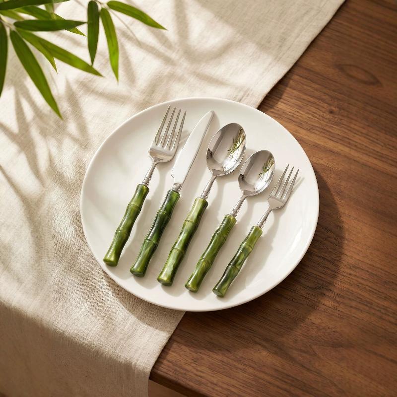 Bamboo Cutlery Set - Durable Bamboo Handle Stainless Steel Kitchen