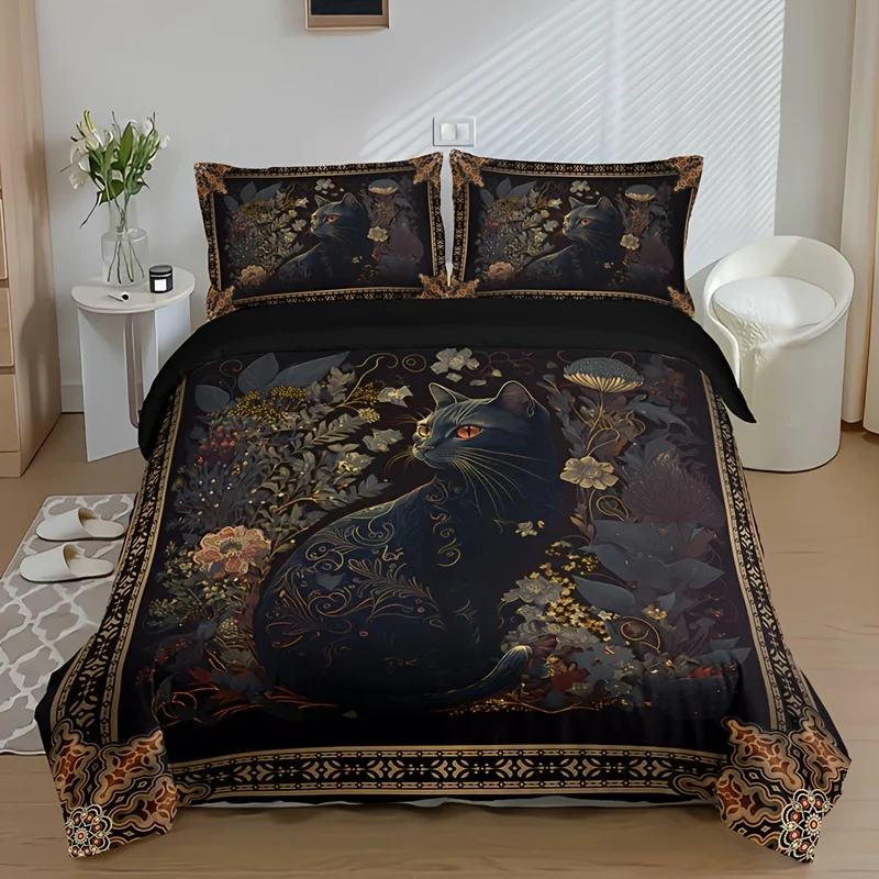 Linen Duvet Cover - Floral Animal Cat HD Digital Print