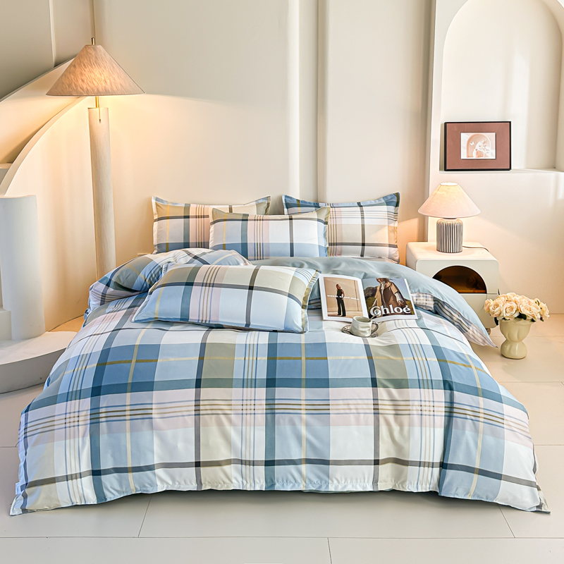 4PCS Blue Plaid Bedding Set Mo - đánh giá và giá Linen Duvet Cover