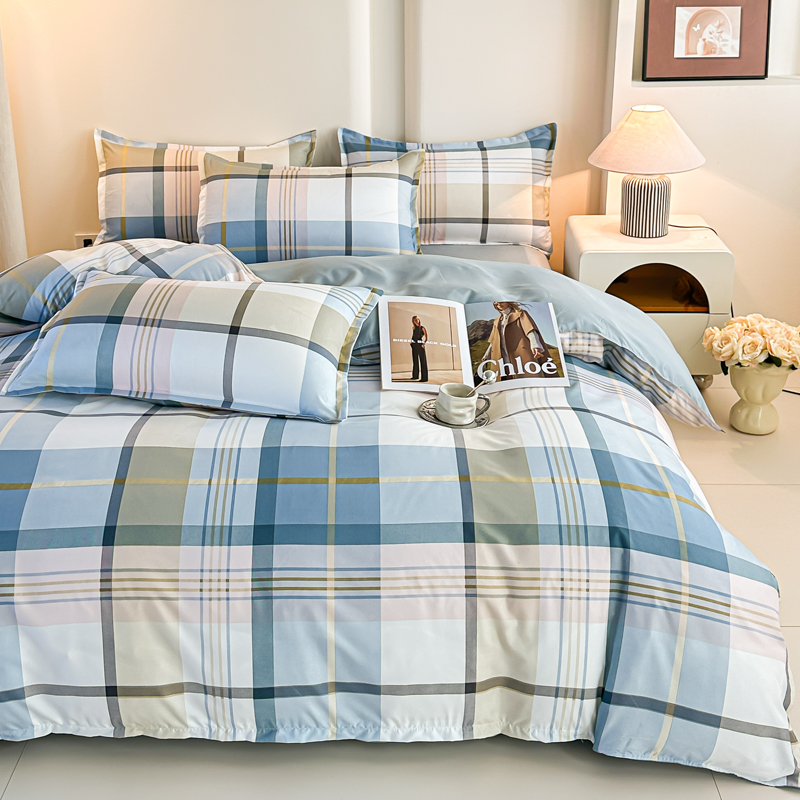 4PCS Blue Plaid Bedding Set Mo - đánh giá và giá Linen Duvet Cover